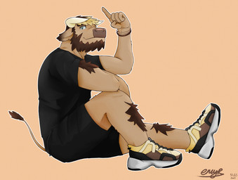 anthro arm_tuft beard bottomwear bracelet clothed clothing facial_hair footwear gesture green_eyes hair hand_gesture highlights_(coloring) horn jewelry leg_tuft male muscular pointing shirt shoes shorts simple_background sitting smile solo t-shirt topwear tuft emyr_minotaur bovid bovine cattle humanoid mammal 2021 digital_media_(artwork) hi_res shaded signature