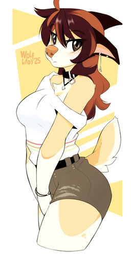 anthro biped bottomwear breasts clothed clothed_anthro clothed_female clothing female front_view fully_clothed fully_clothed_anthro fully_clothed_female fur hair looking_at_viewer piercing simple_background solo standing tail topwear wolflady danika_(wolflady) canid canine canis domestic_dog mammal