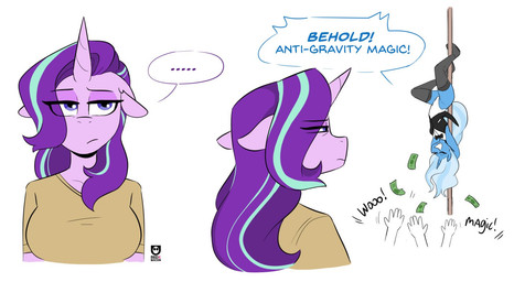 anthro anthrofied blue_body blue_fur blue_hair clothing dancing duo ellipsis female fur hair horn magic_trick money pink_body pink_fur pole pole_dancing purple_eyes purple_hair redxbacon friendship_is_magic hasbro my_little_pony mythology starlight_glimmer_(mlp) trixie_(mlp) equid equine mammal mythological_creature mythological_equine unicorn digital_media_(artwork)
