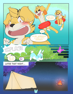 anthro biped blush border chest_tuft dialogue gesture male male_anthro nude nude_male outdoor_nudity outside simple_background speech_bubble stripes text tuft white_border young epicbunbun bird_dog canid canine canis domestic_dog golden_retriever hunting_dog mammal retriever absurd_res comic digital_media_(artwork) english_text hi_res multiple_scenes