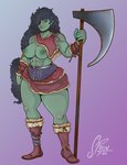 armor axe barbarian battle_axe black_hair breasts clothed clothing exposed_breasts female fur_armor green_body green_skin hair revealing_breasts skimpy solo unconvincing_armor spoonfullofdirt humanoid orc absurd_res hi_res
