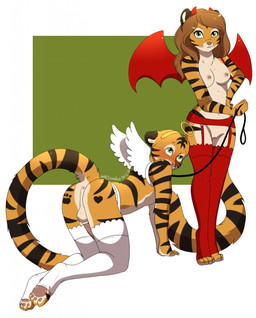 4_toes anthro anus backsack balls blush breasts brown_hair butt butt_markings claws clothing digitigrade dominant dominant_female duo erection feet female femboy footprint footwear genitals green_eyes hair halo heart_(marking) hindpaw leash legwear looking_at_viewer male markings membrane_(anatomy) membranous_wings mistress nipples pawprint pawprint_(marking) paws penis pink_nose slave socks stockings submissive submissive_male toe_claws toeless_footwear toeless_socks toes vulva wings saetia mstr felid mammal pantherine tiger 2013 digital_media_(artwork) hi_res