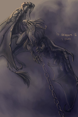 ambiguous_gender bound claws depression detailed_background feathered_wings feathers feral holding_object horn hybrid_wings looking_back lying mane membrane_(anatomy) membranous_wings muzzle_(object) muzzled solo tail tail_tuft tuft wing_claws wings novawuff mythology avian dragon feathered_dragon feathered_scalie gryphon hybrid mythological_avian mythological_creature mythological_scalie scalie