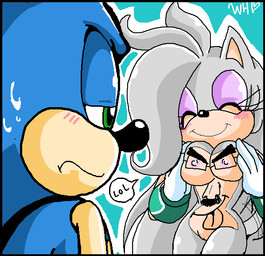 annoyed antenna_hair anthro blue_body blue_fur blush bodily_fluids breast_squeeze breasts clothing countershading cuffs_(clothing) duo eyeshadow face_blush female fur genitals gloves green_eyes grey_body grey_fur hair handwear makeup male markings nipples nude pointy_ears purple_eyeshadow smile speech_bubble squeezing sweat sweatdrop tail tail_motion tailwag vulva scarletopalite sega sonic_the_hedgehog_(series) sonic_the_hedgehog venus_the_hedgehog eulipotyphlan hedgehog mammal digital_media_(artwork) oekaki signature