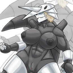 abs aggron anthro anthrofied big_breasts blonde_hair breasts female genitals grey_body hair hi_res metallic_body muscular muscular_female nintendo nipples pokémon pokémon_(species) pokémorph pussy solo torfur video_games