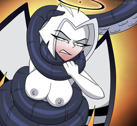asphyxiation back_wings big_breasts black_body black_tentacles blush blush_lines bodily_fluids breasts choking cyanosis drooling duo female gradient_background grey_nipples hair halo male male/female nipples nude nude_female nude_humanoid pinned_arm saliva simple_background struggling suckers tentacle_around_body tentacle_around_neck tentacle_on_head tentacles white_body white_hair white_skin wings yellow_eyes poparc_nsfw hazbin_hotel hellaverse edwin_(poparc_nsfw) lute_(hazbin_hotel) angel angel_humanoid aquatic cephalopod coleoid humanoid mollusk octopodiform winged_humanoid 2025 hi_res