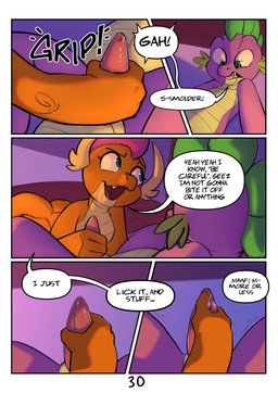 animal_genitalia anthro bodily_fluids dialogue duo female genital_fluids genital_slit genitals handjob male male/female onomatopoeia page_number penile penis precum sex sound_effects speech_bubble text young elicitie friendship_is_magic hasbro my_little_pony mythology smolder_(mlp) spike_(mlp) dragon mythological_creature mythological_scalie scalie absurd_res comic english_text hi_res