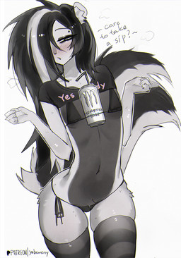 anthro between_breasts beverage_between_breasts bikini bikini_bottom bikini_top black_bikini black_body black_clothing black_eyelids black_fur black_hair black_swimwear black_topwear blush breasts clothing eyebrow_piercing facial_piercing female flat_chested fluffy fur green_eyes hair hair_over_eye legwear long_hair multicolored_body multicolored_hair open_mouth pattern_clothing pattern_legwear piercing simple_background skunk_tail slim solo stockings striped_clothing striped_legwear stripes swimwear thigh_highs topwear two-piece_swimsuit two_tone_body two_tone_hair white_background white_body white_fur yabeweny michelle_(yabeweny) mammal mephitid skunk 2026 digital_media_(artwork) hi_res
