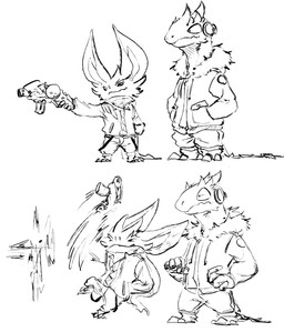 anthro bat_ears bottomwear clothed clothing duo fur gun holding_gun holding_object holding_ranged_weapon holding_weapon jacket male pants ranged_weapon scarf shooting_gun simple_background solo standing tail topwear tuft weapon neungsonie battery_(neungsonie) ecko_(neungsonie) bat desert_long-eared_bat lizard mammal reptile scalie wingless_bat digital_media_(artwork) monochrome sketch