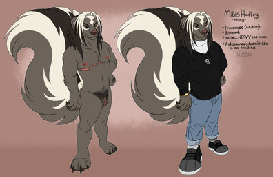 andromorph ankle_socks anthro big_clitoris bottomwear brown_body brown_eyes brown_fur clitoris clock clothed clothing denim denim_bottomwear denim_clothing ear_piercing ear_ring fingers footwear fur genitals hair hand_on_hip humanoid_genitalia intersex jeans jewelry male markings mastectomy_scar multicolored_body multicolored_fur multicolored_hair necklace nipples nude pants pawpads piercing pubes raised_tail ring_piercing scar shirt shoes simple_background skunk_tail sneakers socks solo standing striped_markings stripes sweater tail text topwear turtleneck two_tone_hair visibly_trans vulva watch white_clothing white_footwear white_socks wristwatch ch40t1c miley_(ch40t1c) mammal mephitid skunk 2026 digital_media_(artwork) english_text hi_res model_sheet trans_(lore) trans_man_(lore)