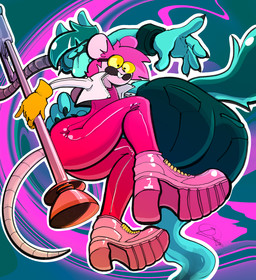 action_pose alternative_fashion big_butt big_tongue blue_body blue_hair blue_tongue boots bottomwear butt clothing coat curvy_figure denim denim_bottomwear denim_clothing denim_shorts duo female footwear glass gloves hair handwear jumpsuit lab_coat pink_body pink_hair pose shoes shorts tongue tongue_out topwear bigoldoinks goommy_(goommymuffin) muffin_(goommymuffin) felid feline ghost mammal mouse murid murine rodent spirit hi_res