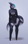 anthro blue_eyes breasts cleavage_cutout clothed clothing countershading cutout female front_view grey_body grey_skin legwear looking_at_viewer nipple_outline one_piece_suit pointed_feet simple_background slit_dress smile soft_lighting solo standing stockings tail thick_tail thick_thighs thigh_highs white_body white_countershading wide_hips frieder1 rasha unknown_species absurd_res digital_media_(artwork) full-length_portrait hi_res portrait