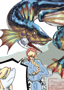 abstract_background anthro arm_fin big_tail bikini blonde_hair blue_body blue_scales braided_hair clothing eyelashes female feral fin gills glistening glistening_arms glistening_back glistening_body glistening_scales glistening_tail grey_body grey_scales hair kerchief long_hair multicolored_body multicolored_scales sarong scales sharp_teeth snout solo swimwear tail teeth two-piece_swimsuit two_tone_body two_tone_scales white_body white_scales yellow_body yellow_eyes yellow_scales sakamtosng capcom cavemanon_studios monster_hunter volcaldera_ashfall coral_(volcaldera_ashfall) aquatic fish mackerel_shark piscine_wyvern plesioth shark thresher_shark 2026 crossover digital_drawing_(artwork) digital_media_(artwork) hi_res