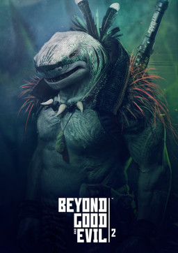 anthro areola black_sclera black_wristband blurred_background chest_tattoo empty_eyes grey_areola grey_body grey_nipples grey_skin head_tattoo light male male_anthro multicolored_body multicolored_skin muscular muscular_anthro muscular_male nipples open_mouth sharp_teeth solo tattoo teeth text three-quarter_view title tooth_necklace wall_(structure) weapon_on_back guillaume_arvieu beyond_good_and_evil_(game) beyond_good_and_evil_2 ubisoft fish marine shark 2019 absurd_res adobe_photoshop_(artwork) colored digital_media_(artwork) digital_painting_(artwork) english_description english_text half-length_portrait hi_res lighting official_art painting_(artwork) portrait shaded