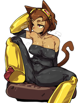 anthro big_breasts biped black_clothing bodily_fluids breasts brown_ears brown_hair brown_tail clothed clothed_anthro clothed_female clothing female female_anthro hair red_eyes sitting solo spread_legs spreading sweat sweatdrop sweaty_breasts tail whiskers yellow_sclera doppel gameoverse glitch_productions kit_bodega domestic_cat felid feline felis mammal 2026 hi_res