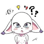 1:1 bandai_namco blue_eyes blush breasts digimon digimon_(species) egg female fyoshi gatomon hi_res light_bulb nipples open_mouth question_mark redbright_(artist) solo white_body