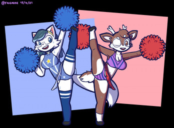 accessory anthro antlers blue_eyes blue_hair bodily_fluids bottomwear bra breasts brown_body brown_eyes brown_fur cheerleader cheerleader_outfit cleavage clothed clothing duo eyewear female female_anthro footwear fur glasses hair headband horn legwear leotard looking_at_viewer medium_breasts navel one_eye_closed one_leg_up open_mouth panties pom_poms raised_leg shoes simple_background skirt smile socks sweat tail thigh_highs underwear white_body white_fur frigadae frig_(frigadae) yuki_(frostynoten) deer domestic_cat felid feline felis mammal 2022 digital_media_(artwork)
