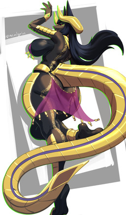 5_fingers anklet anthro bangs belly_dancer big_breasts big_butt black_body black_hair black_scales black_sclera bracelet breasts butt claws feet female fingers gold_body gold_scales hair horn huge_breasts huge_butt jewelry long_hair looking_back markings nipple_tassels on_one_leg pasties raised_calf raised_leg red_eyes scales soles solo standing tail tassels thick_thighs tiptoes toe_claws wide_hips sem-l-grim capcom monster_hunter nefertiti_(anaitadraws) elder_dragon nef-garmat scalie 2026 absurd_res hi_res hieroglyphic_text signature