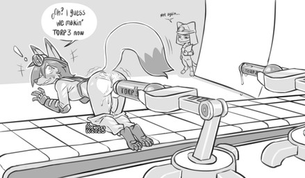 anthro blush bottomwear bottomwear_down clothed clothing dialogue dildo femboy genitals impending_penetration kneeling male mechanical_arm nervous pants pants_down partially_clothed pawpads paws penis sex_toy solo speech_bubble text mewdles factorio guess_we_doin_(meme) wube_software chrissy_(mewdles) cyrus_nightfire canid canine fox mammal hi_res monochrome