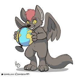 anthro black_nose cheek_tuft facial_tuft featureless_crotch fur globe grey_body grey_fur grey_tail grey_wings grin hair holding_object male nude red_hair short_hair simple_background smile solo standing tail tuft white_background wings yellow_eyes yellow_sclera young young_anthro young_male pandapaco canid canine mammal