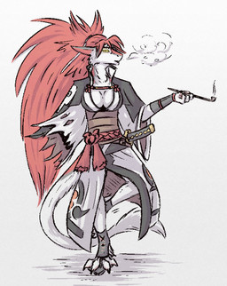 anthro clothing costume female melee_weapon simple_background smoking solo sword weapon white_background shadarrius arc_system_works guilty_gear baiken sergal hi_res