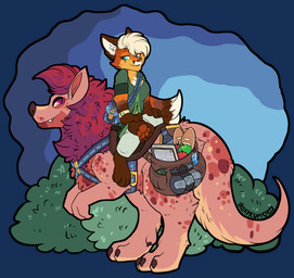 alcohol anthro apple bag beverage book bread breasts clothed clothing duo female feral food fruit fur hair male open_mouth plant poison riding saddle satchel shrub smile standing tail wine conditional_dnp ikitsunyan firelight's_respite_(ikitsunyan) riku_valencia_(ikitsunyan) canid canine fox kapanda_kou'i mammal 2019 absurd_res alpha_channel digital_media_(artwork) hi_res