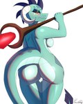 2024 4:5 anthro big_breasts big_butt blush breasts butt conditional_dnp digital_media_(artwork) digital_painting_(artwork) dragon female friendship_is_magic hasbro hi_res holding_object holding_staff horn looking_at_viewer looking_back looking_back_at_viewer my_little_pony mythological_creature mythological_scalie mythology nude orange_eyes paradoxing princess_ember_(mlp) scalie side_boob signature simple_background solo staff tail teal_body wide_hips