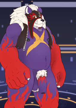 anthro balls belly biceps big_penis clothing flaccid foreskin fur genitals male mask musclegut muscular nipple_piercing nipples pecs penis piercing purple_body purple_fur solo sports_mask sportswear topwear vest wrestling_mask furryskullart bandai_namco digimon bear digimon_(species) greatgrizzlymon mammal hi_res