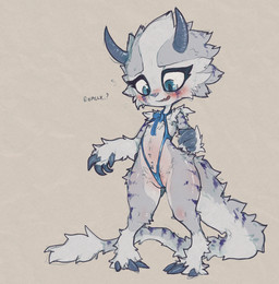 anthro barely_visible_genitalia barely_visible_vulva big_eyes big_head bikini blue_eyes blush body_blush cheek_tuft chest_tuft chibi clothed clothing dialogue facial_tuft female flat_chested fluffy fur genitals grey_body grey_fur horn jagged_mouth long_tail micro_bikini mostly_nude question_mark skimpy solo swimwear tail text tuft two-piece_swimsuit vulva white_body white_fur young young_anthro young_female scruffythedeer freya_(nisvuthjusandre) furred_kobold furred_scalie kobold scalie 2023 digital_media_(artwork) english_text hi_res adult_(lore)