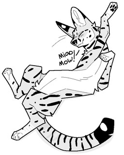 ambiguous_gender arm_tuft black_nose black_pawpads chest_tuft claws countershade_torso countershading crotch_tuft digitigrade dipstick_tail eyes_closed feral lying markings meow on_back onomatopoeia pawpads paws shoulder_tuft solo sound_effects spots spotted_body stretching striped_markings striped_tail stripes tail tail_markings text toe_claws tuft servali_sketch felid feline mammal serval aliasing digital_media_(artwork) greyscale monochrome