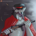 anthro cape claws clothing finger_claws gun hat headgear headwear male object_in_mouth ppsh-41 ranged_weapon solo submachine_gun weapon errokioslem mythology patreon canid canine canis mammal mythological_canine mythological_creature werecanid werecanine werecreature werewolf wolf hi_res