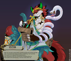 anthro black_sclera clothing collar dialogue dialogue_box duo feathers feral footwear fur green_eyes heart_symbol holding_scroll jewelry laurel_wreath male metal metal_collar mosaic muscular muscular_male poison red_body red_fur ring sandals scroll shoes staff toga user_interface vial white_body white_fur writing_text viola_bat hades_(game) victor_johansen canid canine deity fox mammal reptile scalie snake absurd_res hi_res