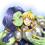 arm_warmers armor armwear black_sclera blonde_hair blue_eyes blue_hair blush bodily_fluids breastplate cheek_to_cheek clothing duo eye_contact female fingernails gold_(metal) green_body green_skin hair heads_together hug hugging_another hugging_from_behind humanoid_pointy_ears knight larger_female larger_humanoid long_fingernails long_hair looking_at_another looking_away male male/female metal muscular muscular_female nails not_furry pauldron pointy_ears red_eyes sharp_fingernails sharp_nails size_difference smaller_human smaller_male steel sweat warrior amano_jack human humanoid mammal orc 1:1 2020