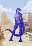 anthro blue_body breasts car cloud desert detailed_background dinosaur female front_view genitals grass hi_res lunate nipples non-mammal_breasts non-mammal_nipples nude outside plant pose pussy reptile scalie sky solo standing tizzian truck_(vehicle) vehicle