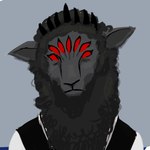 7_eyes 7_horns ambiguous_gender black_body black_fur black_wool fur horn looking_at_viewer multi_eye multi_horn no_pupils red_eyes simple_background solo wool_(fur) wool_hair luminescentgoat bovid caprine mammal sheep 1:1 bust_portrait hi_res portrait