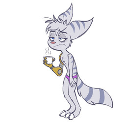 2_toes anthro arm_tuft barefoot blue_eyes breasts chest_tuft claws clothed clothing coffee_cup container cup cybernetic_arm cybernetic_limb digitigrade eyebrows eyelashes featureless_chest feet female flat_chested fur hair half-closed_eyes head_tuft messy_hair narrowed_eyes panties panties_only shoulder_tuft solo striped_body striped_fur stripes tired toe_claws toes topless tuft underwear underwear_only white_body white_fur serareldeer ratchet_and_clank sony_corporation sony_interactive_entertainment rivet_(ratchet_and_clank) lombax mammal 2025 hi_res