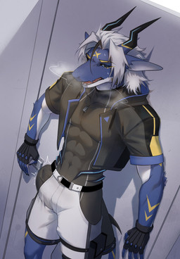 2_horns abs anthro belt big_muscles biped black_belt black_clothing black_jacket black_sclera black_shirt black_topwear blue_body blue_eyes blue_scales bodily_fluids bottomwear bulge clothing detailed_bulge dog_tags erection erection_under_clothing fingerless_gloves genitals gloves hair handwear horn humanoid_genitalia humanoid_penis jacket looking_at_viewer male muscular muscular_anthro muscular_male pecs penis scales shirt shorts skin_fang skin_fangs solo sweat sweatdrop tight_clothing topwear white_body white_bottomwear white_clothing white_hair white_scales white_shorts cyanusowo mythology ausen dragon mythological_creature mythological_scalie scalie 2024 hi_res