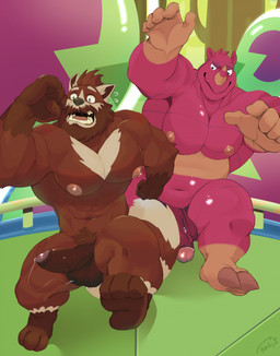 anthro anthrofied arena balls barazoku brown_body duo erection feet foreskin fur genitals glans horn humanoid_genitalia humanoid_penis lily_pad male male/male markings musclegut muscular muscular_anthro muscular_male nipples nude open_mouth pecs penis pink_body plant pubes running running_away striped_markings striped_tail stripes tail tail_markings teeth tongue vein veiny_penis lazy_tiggy fall_guys rhino_(fall_guys) roy_rockefeller ailurid mammal red_panda rhinoceros 2023 digital_media_(artwork) hi_res