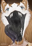 anthro black_tongue blue_eyes bodily_fluids brown_background brown_body brown_fur cheek_tuft drooling facial_tuft forked_tongue front_view fur looking_at_viewer male mouth_shot narrowed_eyes open_mouth saliva saliva_on_tongue saliva_string sharp_teeth simple_background solo teeth tongue tuft white_body white_fur santanahoffman sergal hi_res