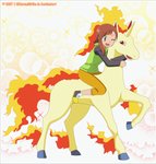 abstract_background ambiguous_gender border brown_hair clothed clothing duo female feral fire flaming_hair flaming_mane flaming_tail fur green_eyes grey_border hair hooves horn open_mouth pseudo_hair pseudo_mane red_eyes riding tail text yellow_body yellow_fur kurumierika nintendo pokemon fan_character miriam equid equine generation_1_pokemon human mammal pokemon_(species) rapidash 2017 english_text hi_res signature