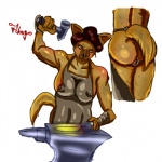 anthro anvil apron areola big_breasts blacksmith breasts butt clothing erect_nipples female forging genitals hair hammer nipples pussy red_hair solo tail tools floxgo corruption_of_champions yvonne_(coc) canid canine canis domestic_dog mammal 1:1