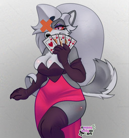 anthro big_breasts biped breasts card clothing dress female female_anthro playing_card smile solo thick_thighs wide_hips hazbin_hotel hellaverse canid canine canis mammal wolf hi_res watermark