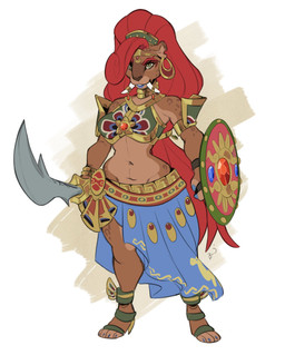 alternate_species anthro bare_shoulders breasts brown_body brown_fur clothing ear_piercing ear_ring female fur furrification hair long_hair melee_weapon navel piercing red_hair ring_piercing shield simple_background solo sword weapon punkinbuu breath_of_the_wild nintendo the_legend_of_zelda urbosa felid lion mammal pantherine hi_res