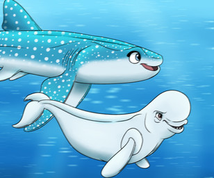 belly blue_background blue_body blue_eyes brown_eyes cetacean_tail dorsal_fin duo female feral fin male simple_background spots white_belly white_fin white_head white_spots macrolago disney finding_dory finding_nemo pixar bailey_(finding_dory) destiny_(finding_dory) aquatic beluga carpet_shark cetacean fish mammal monodontid shark toothed_whale whale_shark 2024 hi_res