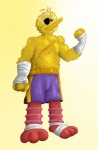 anthro beak bottomwear clothing eye_patch eyewear feathers male shorts solo what gavacho13 capcom pbs sesame_street street_fighter big_bird_(sesame_street) sagat avian bird