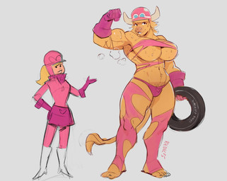 4_fingers 5_fingers 5_toes alternate_form alternate_species anthro armor before_and_after biceps big_breasts biped blonde_hair bodily_fluids breasts clothing feet female female_anthro fingers flexing flexing_bicep fur furrification gloves hair handwear headgear heart_clothing heart_panties heart_symbol heart_underwear helmet holding_tire horn human_to_anthro humanoid_feet looking_at_viewer muscular muscular_anthro muscular_female musk musky_armpit panties plantigrade pupils size_difference solo species_transformation sweat sweaty_breasts tan_body tan_fur tire toes torn_clothing transformation underwear redic-nomad hanna-barbera wacky_races penelope_pitstop bovid bovine cattle human mammal 2025 absurd_res hi_res