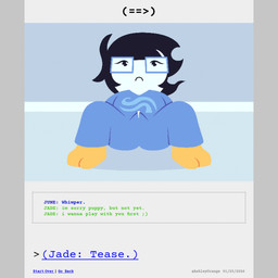 bdsm black_hair bodily_fluids bulge clothed clothed_gynomorph clothing comic_panel cum cum_drip dialogue dripping eyewear genital_fluids glasses gynomorph hair intersex lipstick makeup onesie pajamas petplay pleading_eyes precum precum_drip puppyplay roleplay short_hair solo text white_body ashleyorange homestuck ms_paint_adventures june_egbert human mammal 1:1 comic english_text hi_res trans_(lore) trans_woman_(lore)
