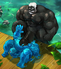 3_eyes 5_fingers 5_toes balls barazoku beard black_arms black_body black_chest black_feet black_fingers black_hands black_head black_legs black_nipples black_penis black_skin blue_arms blue_balls blue_body blue_chest blue_feet blue_fingers blue_hands blue_head blue_legs blue_nipples blue_penis blue_toes bodily_fluids erection facial_hair feet fingers genital_fluids genitals goo_penis hair humanoid_genitalia humanoid_penis imminent_oral lactating male male/male male_humanoid male_lactation multi_eye muscular muscular_humanoid mustache nipples not_furry penis penis_on_belly penis_on_face pointy_ears precum toes tusks white_beard white_eyes white_facial_hair white_hair friendly_unit93 zur'gon_(majinorc) goo_creature goo_humanoid humanoid orc 2022 hi_res