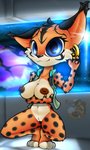 anthro black_markings blue_eyes breasts clothed clothing ear_piercing eyelashes female fur jacket looking_at_viewer markings orange_body orange_fur partially_clothed piercing solo spots spotted_body spotted_fur tan_body tan_fur topwear cjweasle nintendo star_fox miyu_(star_fox) felid feline lynx mammal 2020 hi_res