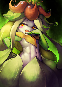 abs abstract_background ambiguous_gender blush half-closed_eyes looking_at_viewer narrowed_eyes navel open_mouth plant smile solo yellow_eyes yilx nintendo pokemon elemental_creature elemental_humanoid flora_fauna generation_5_pokemon humanoid lilligant plant_humanoid pokemon_(species) 2015